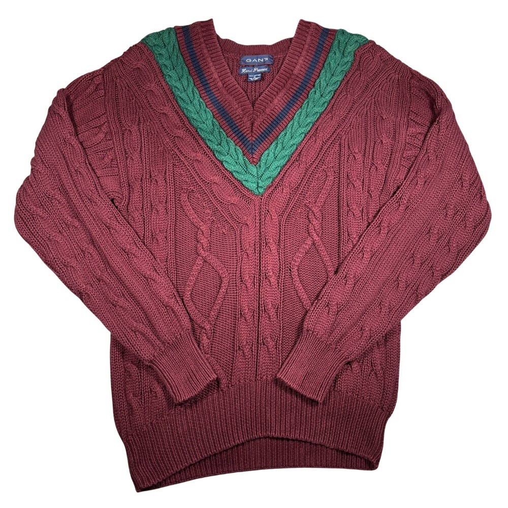 Gant Hand Framed Mens Burgundy Cable Knit V-Neck Tennis Sweater Cotton Green M